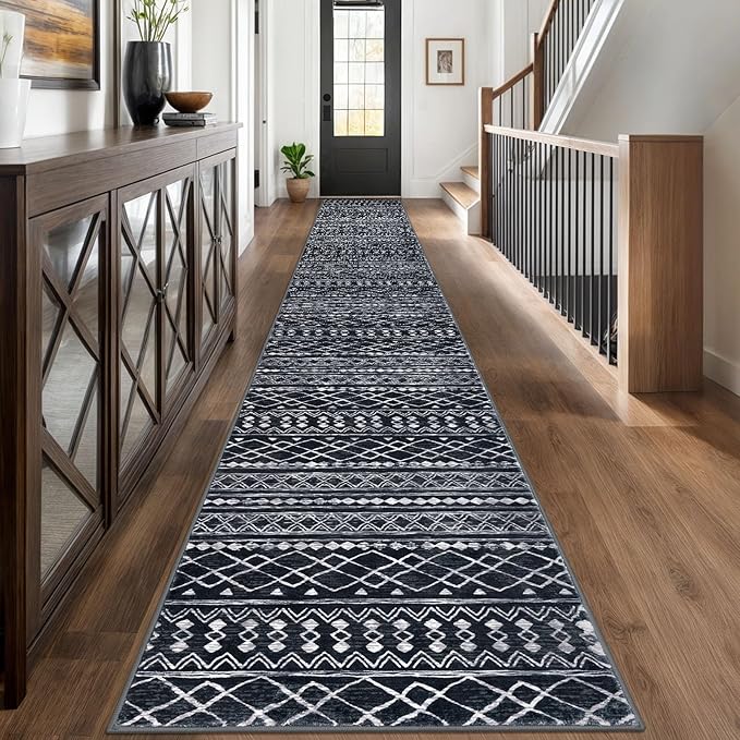 KUTA Long Hallway Runner Rug 2.6x18 Non-Slip Washable, Moroccan Vintage Black by KUTA