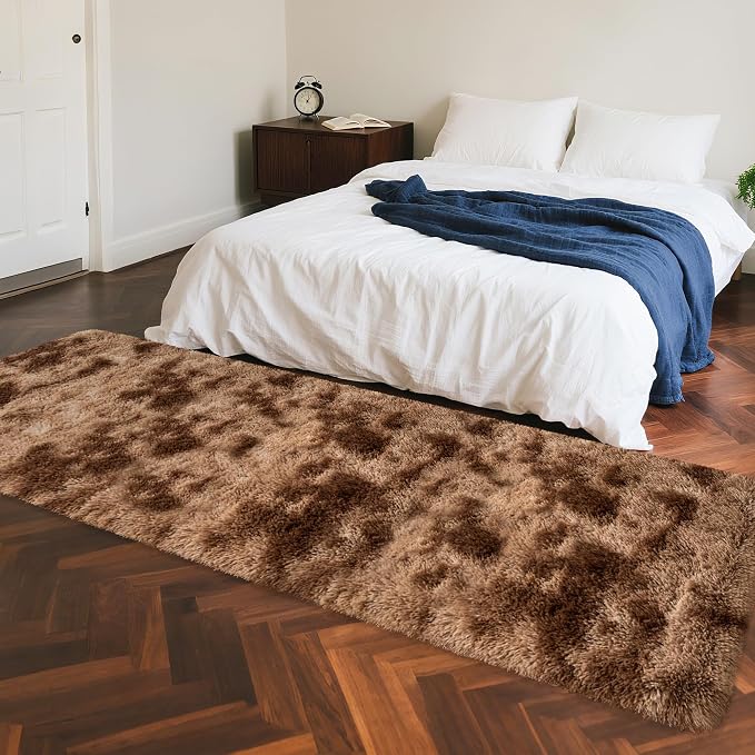 2x8 ft Plush Brown Tie Dye Rug Runner High Pile Fluffy Soft Bedside Rug Fuzzy - Image 8