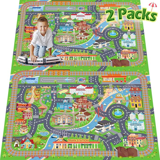 Car Rug Play Mat for Kids Toy Cars, 2 Packs 3'x4'/ 36"x48" Road Traffic Playmat - Image 2