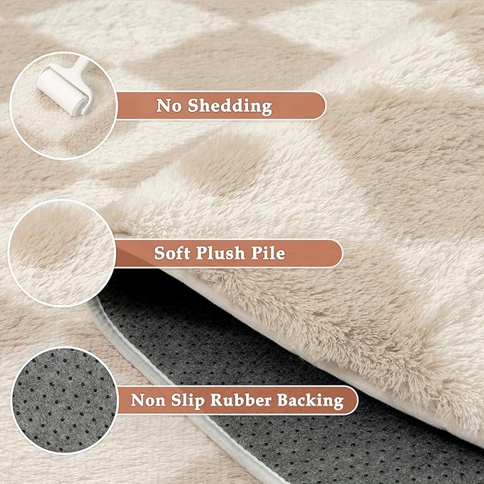 PureCozy Checkered Rug 6x9 Fluffy Shag Living Room Beige Area Rug Modern - Image 6