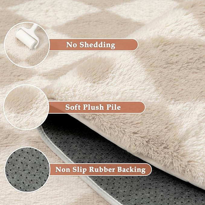 PureCozy Checkered Rug 5x7 Fluffy Shag Living Room Beige Area Rug Modern - Image 6