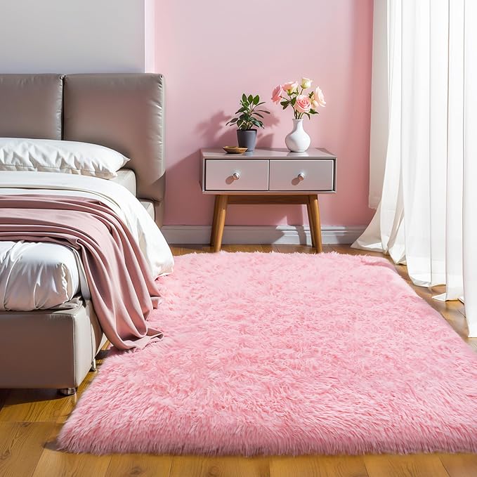 KICHOWUA Thick Area Rug 4x6 Pink Fluffy Shag – Ultra Soft Thickened Plush by KICHOWUA