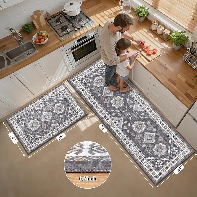 HEBE Boho Kitchen Rugs Sets of 2, Non Slip Washable Kitchen Mats - Image 2