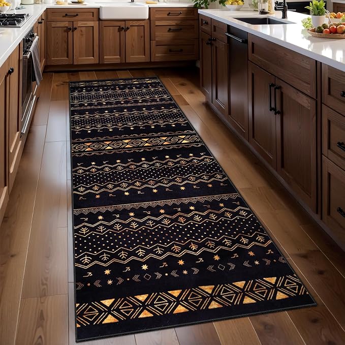 SERISSA 2x6 Kitchen Runner Rug, Washable Non-Slip Black and Gold Boho Rug by SERISSAHomeDecorCollection