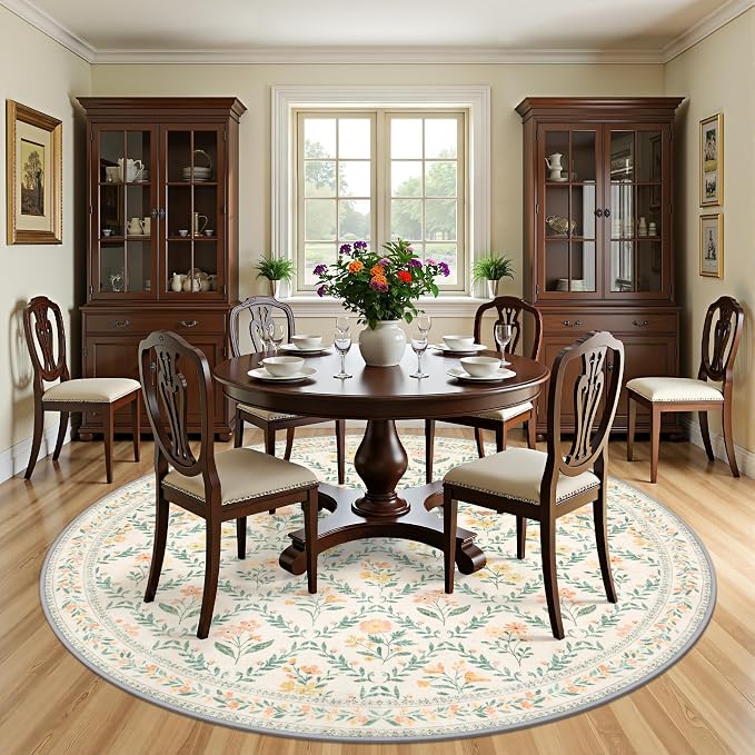 Round Area Rug for Living Room: 8 ft Floral Washable Circle Rug Soft Boho - Image 3
