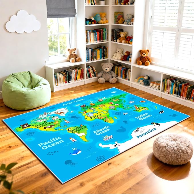 Kids Playroom Rug, 8x10ft World Map Play Mat - Image 9