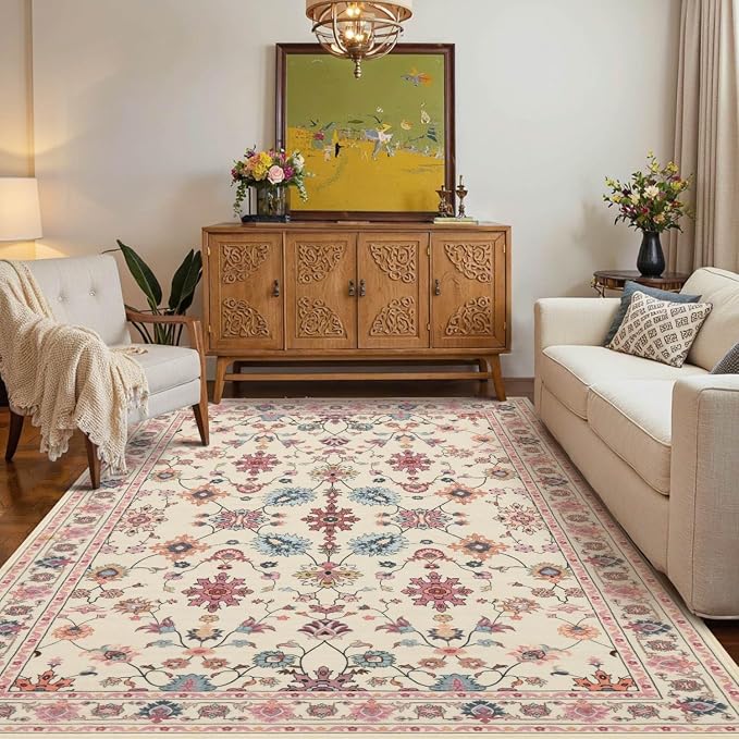 Rugxara Pink Rug for Living Room Bedroom, Floral 4x6 Washable Rug, Vintage Boho by Rugxara