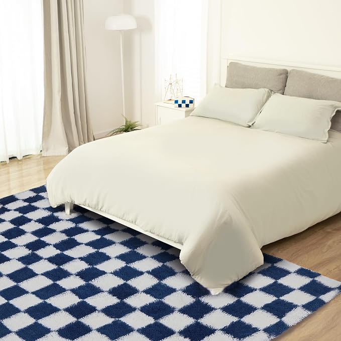 Super Soft Rug for Bedroom, 4x6 ft Blue and White Area Rug Classic Checkered - Image 8