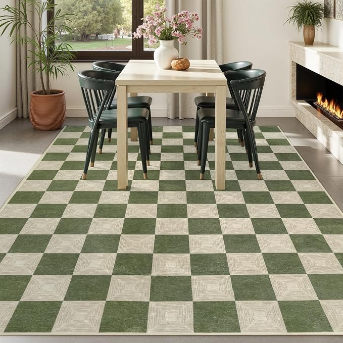 5x8 Checkered Washable Area Rug, Non-Slip Farmhouse Checkerboard Carpet - Image 3