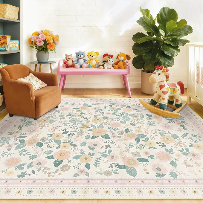 5x7 Area Rugs for Living Room Vacuum-Friendly Machine Washable Area Rug Flower - Image 2