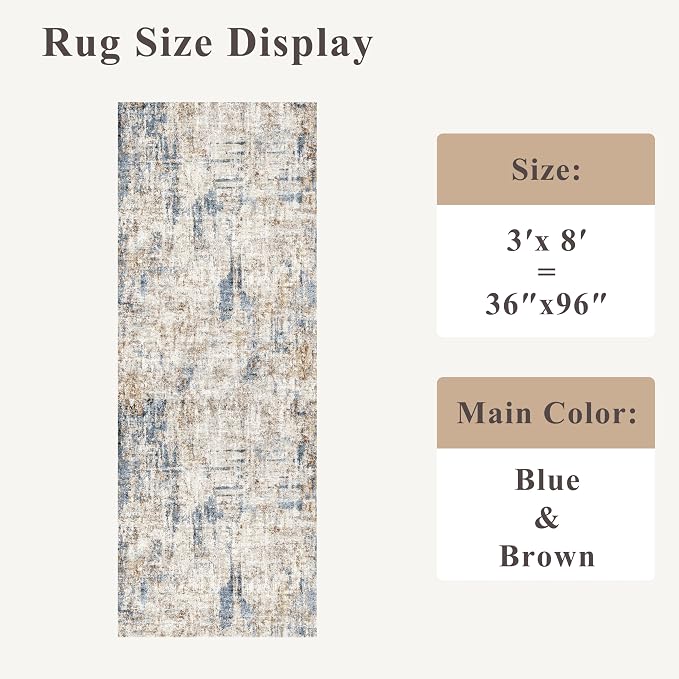 3x8 Washable Non-Slip Runner Rug Modern Abstract Neutral Wide Carpet Runner - Image 2