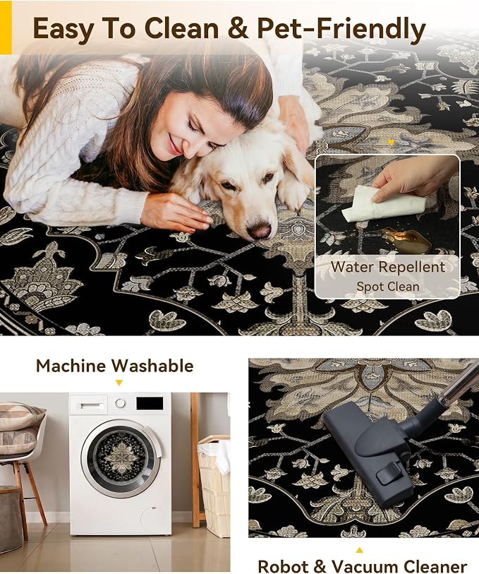 RELEANY Area Rugs Round 10ft Washable Non-Slip, Floral Vintage Distress - Image 5