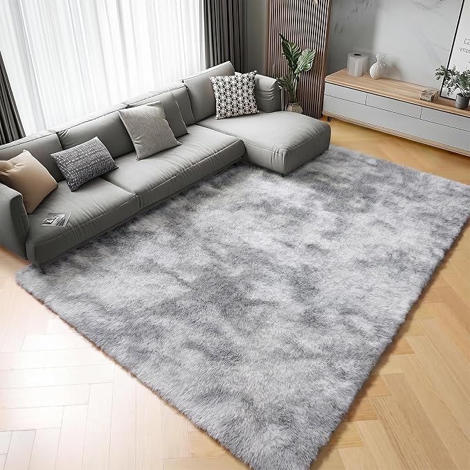 ONASAR 6x9 Area Rugs for Living Room, Large Tie-Dyed Light Grey Fluffy Shag Rug - Image 6