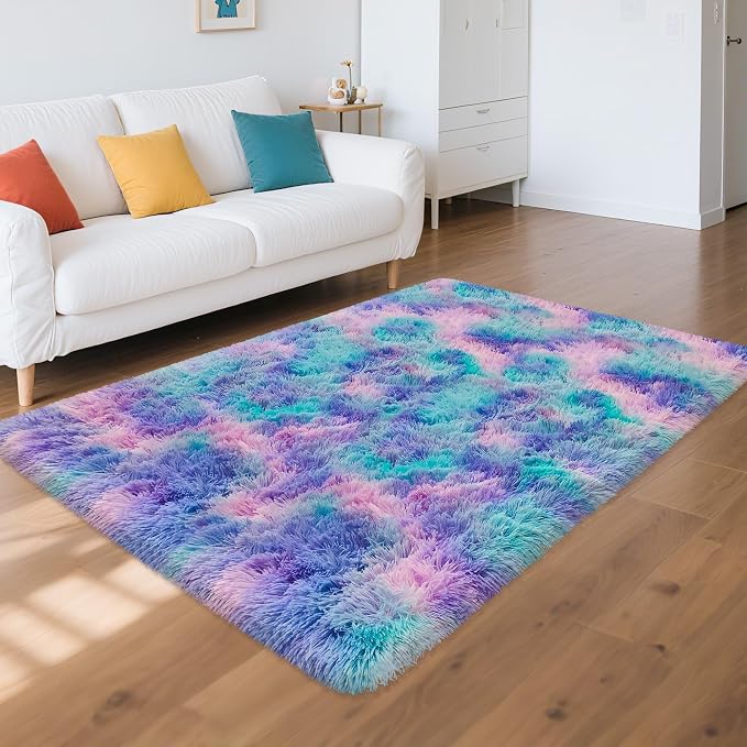 Tie-Dyed Purple Blue Rainbow Kids Rug - Image 3