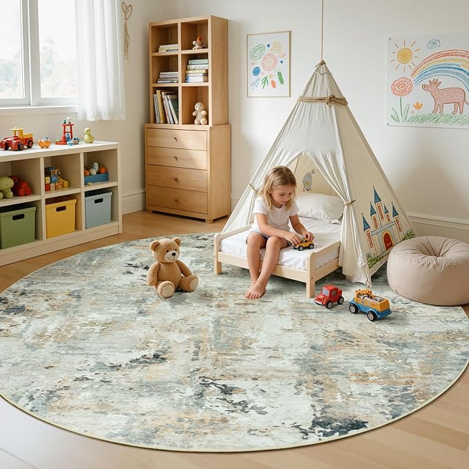 Abstract Round Rugs 8ft, Non-Slip Washable Circle Rug by Carpelux