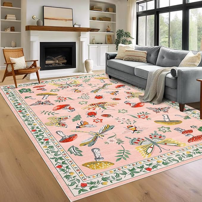 Mushroom Insect 8x10 Area Rugs, Washable Rugs by ROYHOME