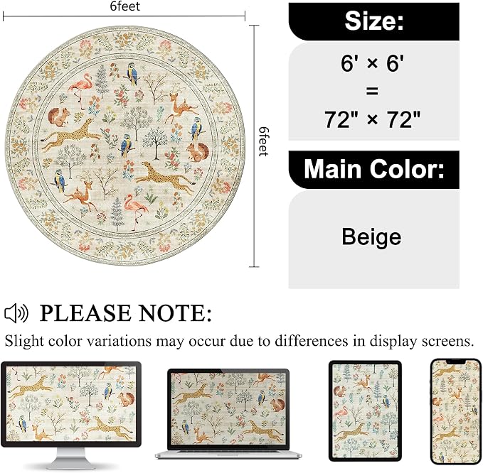 DUKINO 6ft Round Rug for Bedroom, Animal Print Washable Circle Rug - Image 2