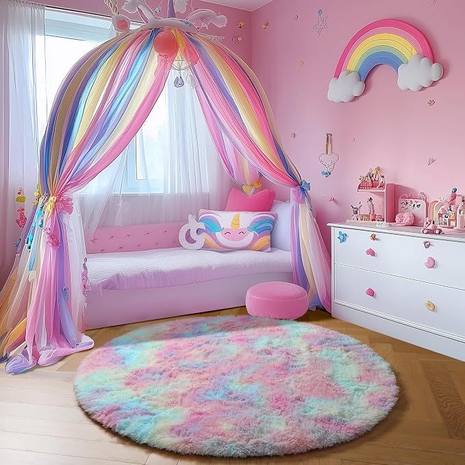 Amdrebio Rainbow Fluffy Round Rug 4Ft Kids Rugs - Image 5