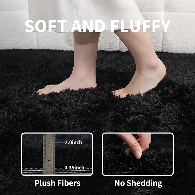 KICHOWUA 4x6 Black Fluffy Shag Rug - Image 3