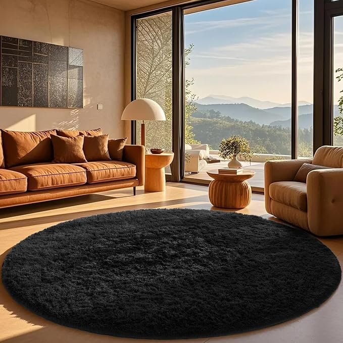 Ophanie Round Rug 8Ft Black Circle Area Rug, Room Decor by Ophanie