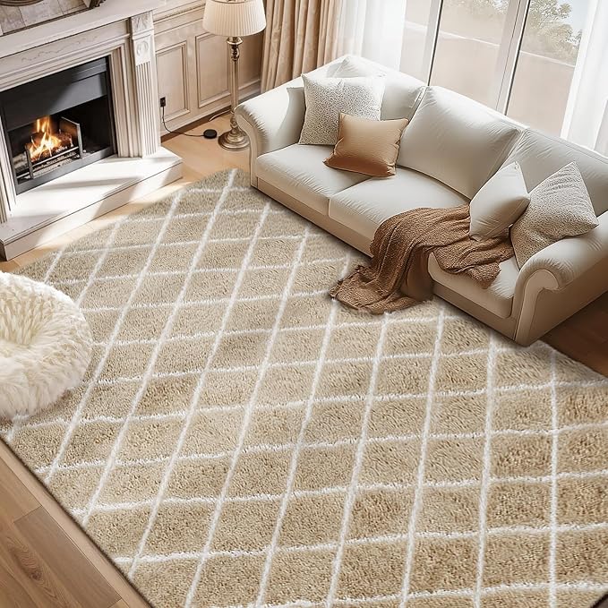 TOOHUB Fluffy Rug for Bedroom, 8X10Feet Stripe Checkered Rug Anti-Skid High by TOOHUB