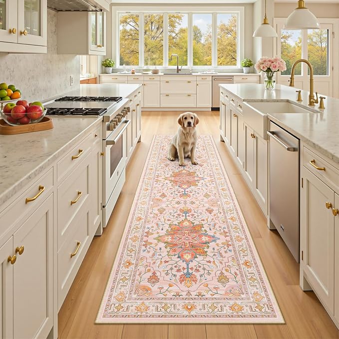 RELEANY Area Rugs Runner 2'6"x8' Washable Non-Slip, Floral Vintage Distress by RELEANY