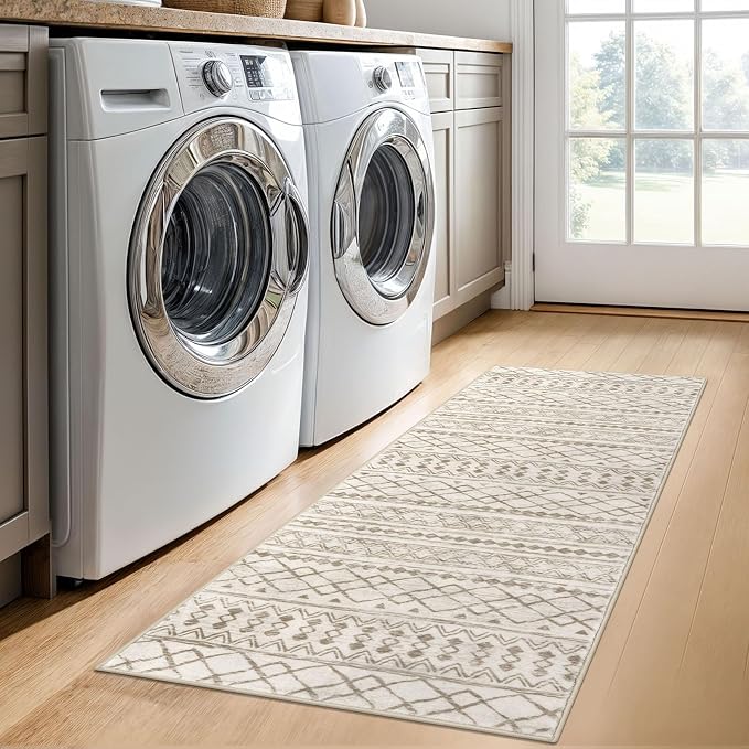 KUTA Boho Hallway Runner Rug 2x5 ft Moroccan Washable Non-Slip Vintage Beige - Image 3