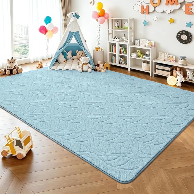 5x7 Blue Washable Area Rug for Bedroom Living Room, Leaf Geometric Patter Shag - Image 4