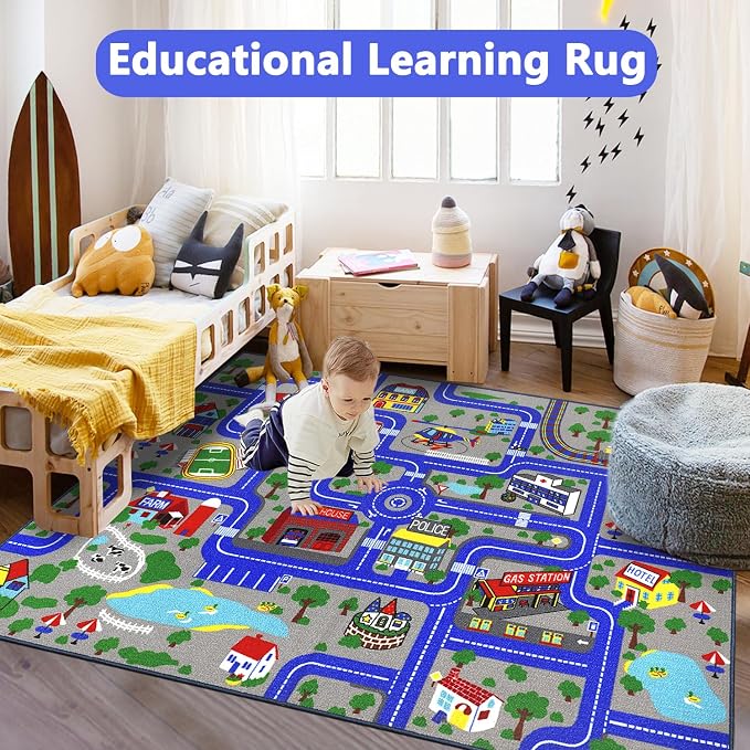 Capslpad Kids Rug Educational Play Rug 6.6' x 5' Traffic Road Kids Play Car Mat - Image 5