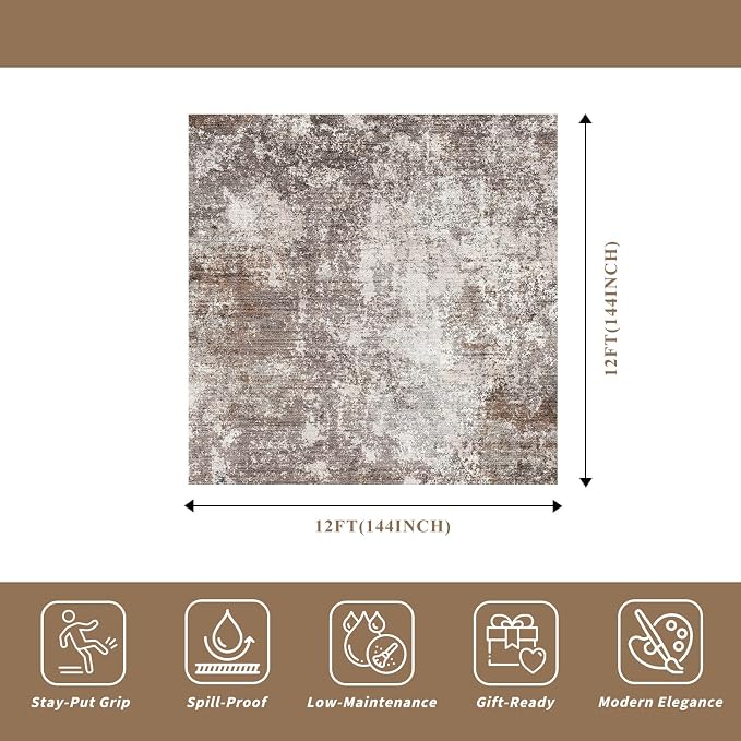 12x12 Square Living Room Rug – Modern Abstract Neutral Extra Large Washable - Image 2