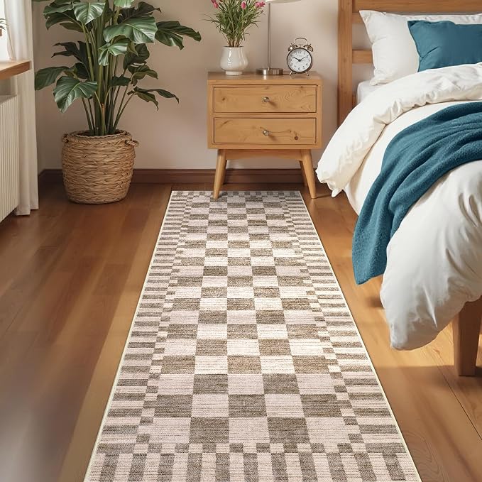 GarveeHome 2×6 Kitchen Runner Rug Non Slip Brown Checkered Rug, Washable Runner - Image 3