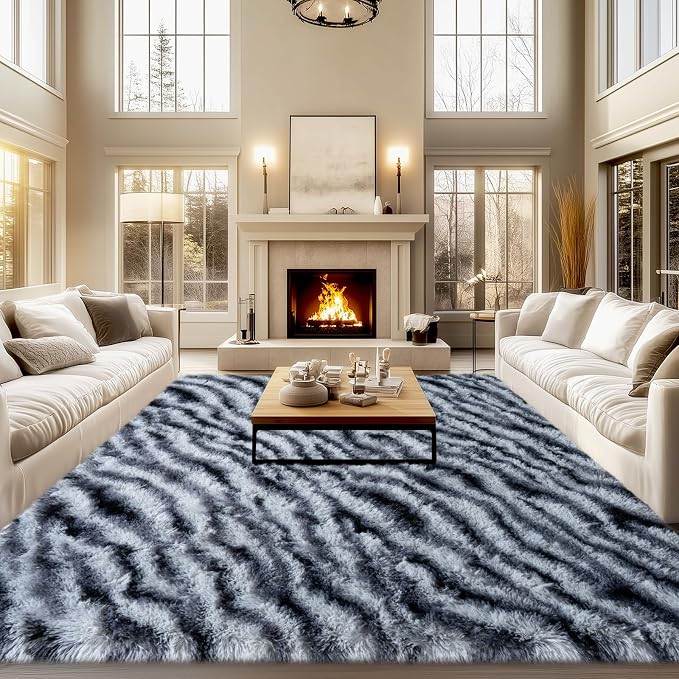 qulint 9x12 Rug for Living Room, Fluffy Zebra Rug for Bedroom Soft Shaggy by QULINT