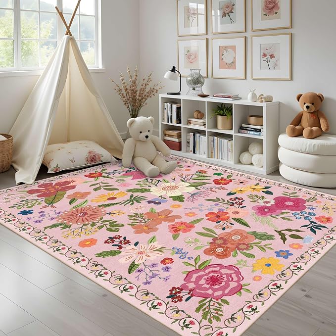 Latte&Fog Floral Area Rugs 6x9, Large Washable Pink Rugs - Image 3