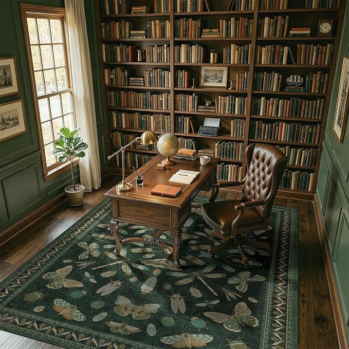 DCX 5x7 Washable Insect Rug, Vintage Gothic Dark Green Rug - Image 2