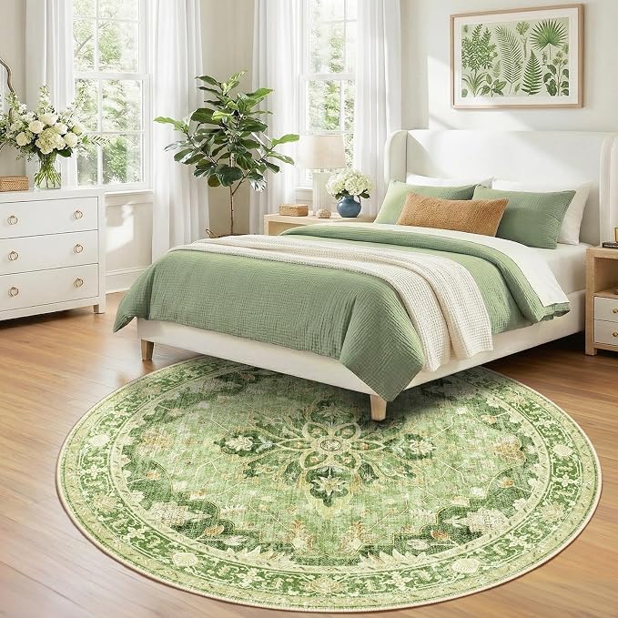 RELEANY Area Rugs Round 8ft Washable Non-Slip, Floral Vintage Distress - Image 3