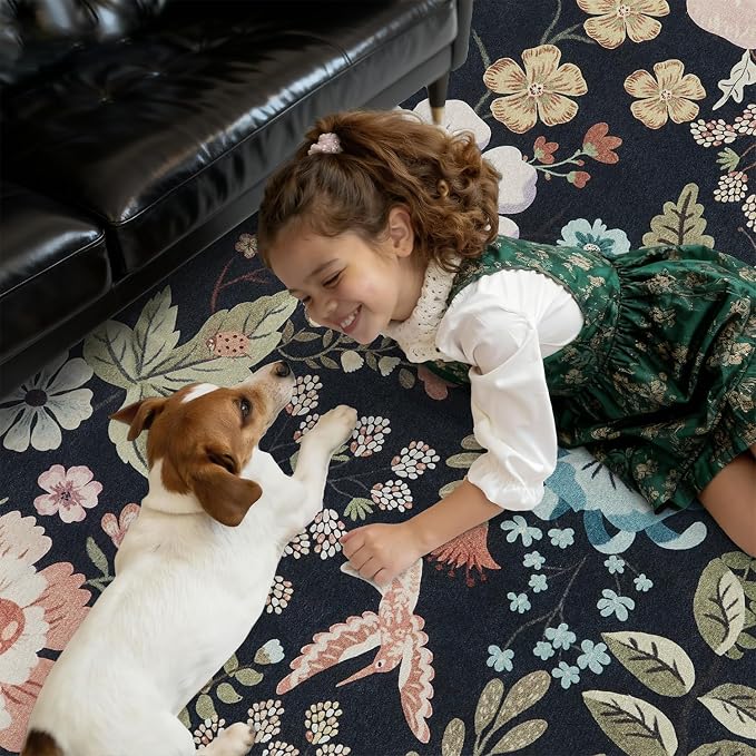 DCX Black Floral Rug 3x5, Washable Black Rug - Image 3