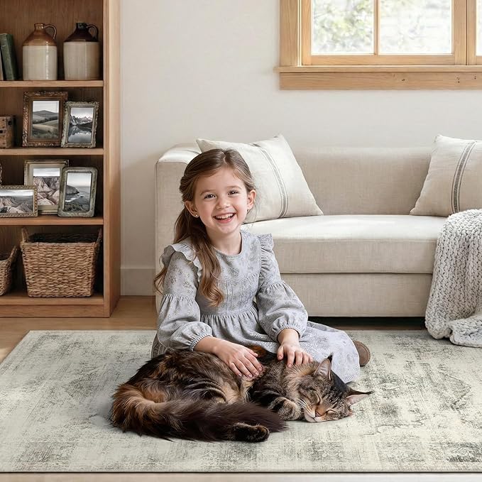 DCX 8x10 Vintage Rug, Machine Washable Stain Resistant Distressed Beige Rug - Image 8