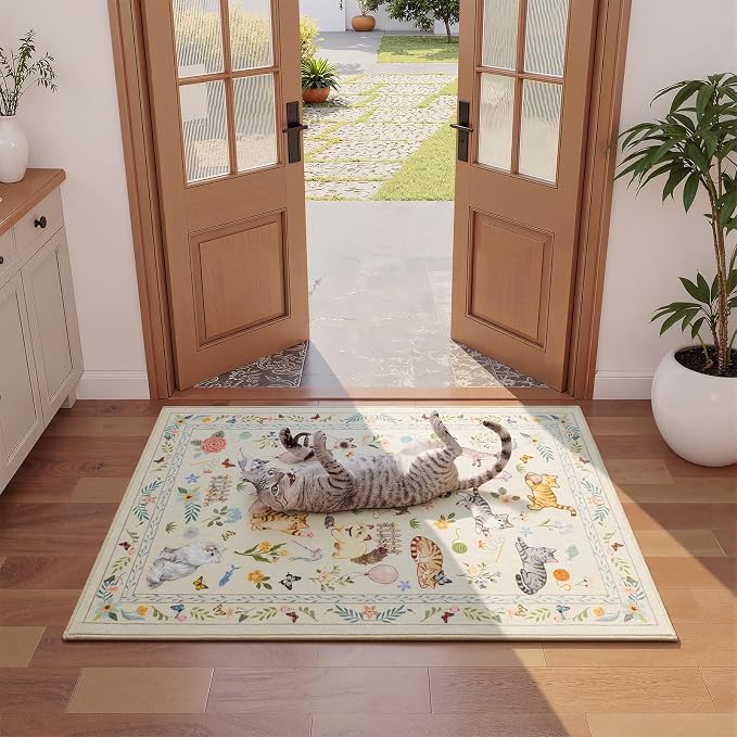 Unirea 2x3 Small Beige Washable Cat Area Rug, Door Mat Indoor Entrance Rug - Image 3