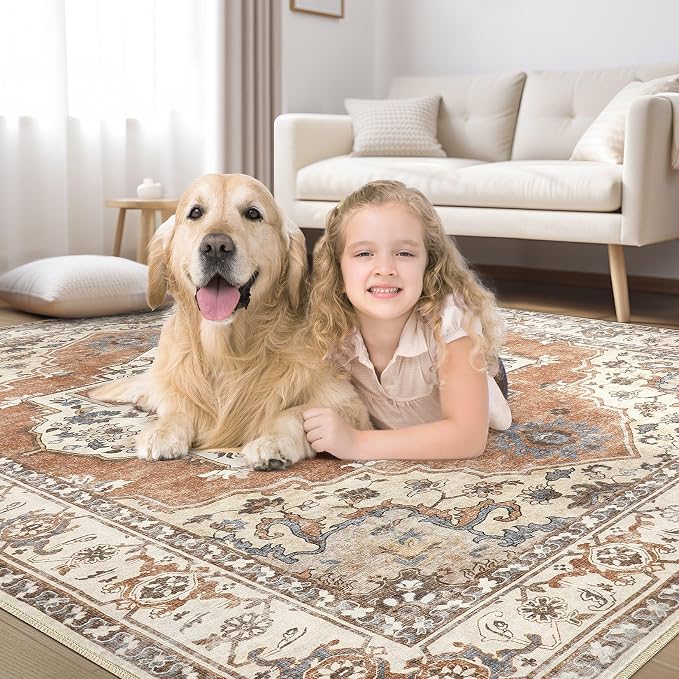 5x7 Washable Area Rug: Vintage Neutral Soft Non Slip Thin Large Floor Carpet - Image 6