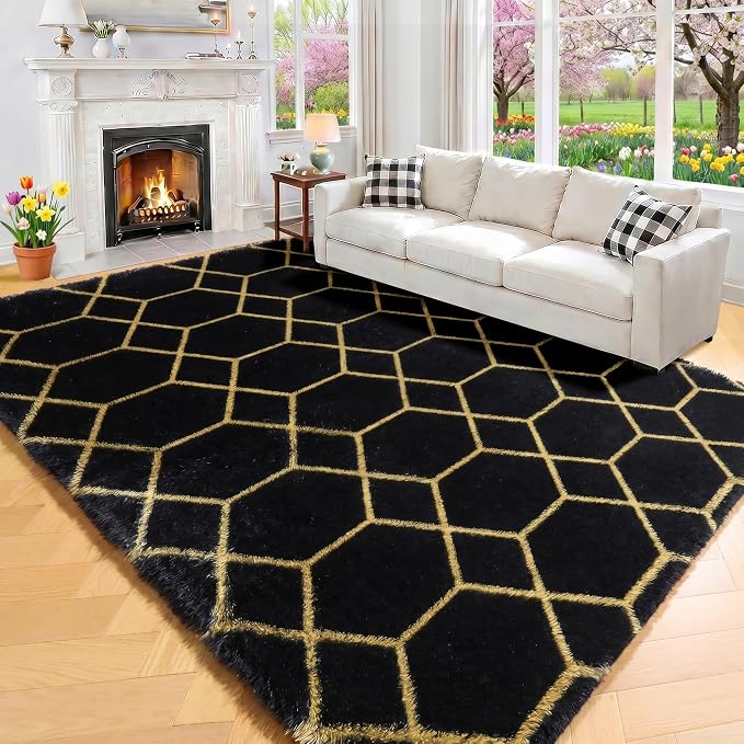 ONASAR Area Rugs for Bedroom Living Room, 4x6 Fluffy Black and Gold Throw Rug by ONASAR