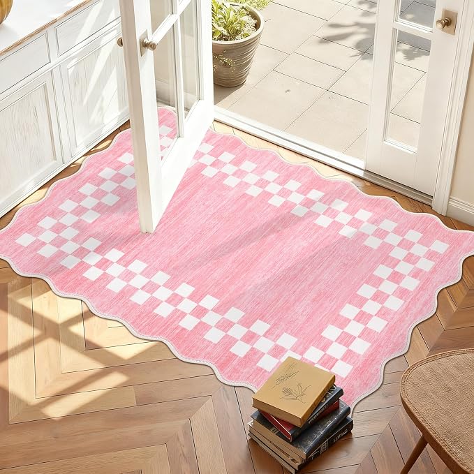 Small Area Rug 2x3 Modern Checkered Entry Rug Solid Color Scalloped Kitchen - Image 2