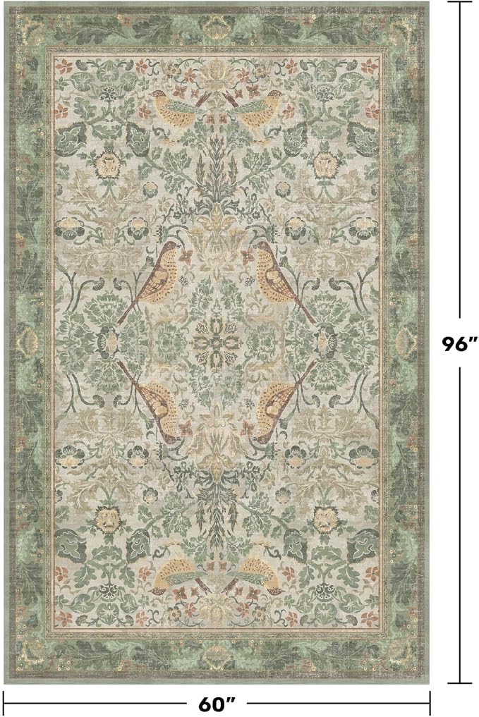 Hazo Haus 5x8 Vintage Sage Green Area Rug, Washable Botanical Bird Pattern Rug - Image 2
