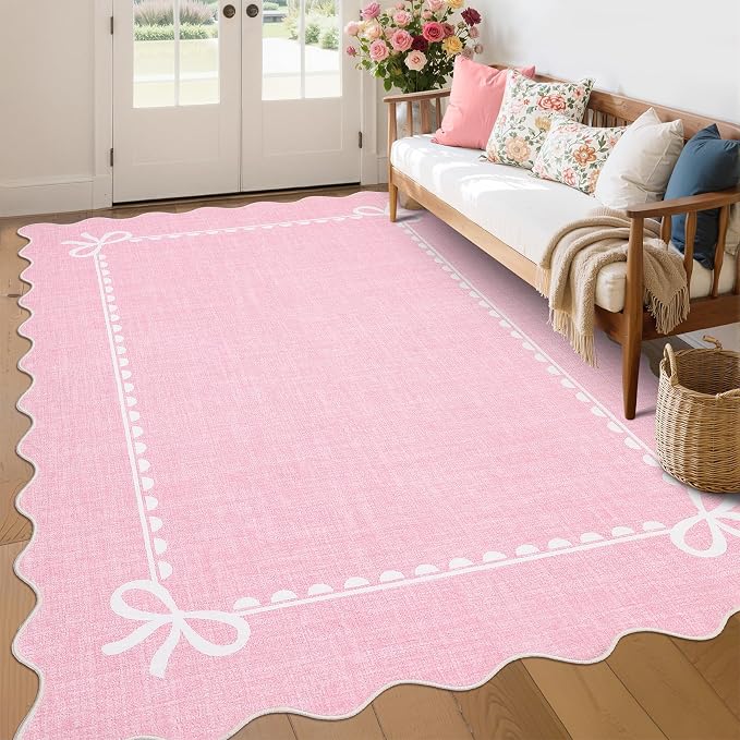 GarveeHome Scalloped Bow Rug for Living Room, Solid Pink Rug for Dorm, Washable by GarveeHome