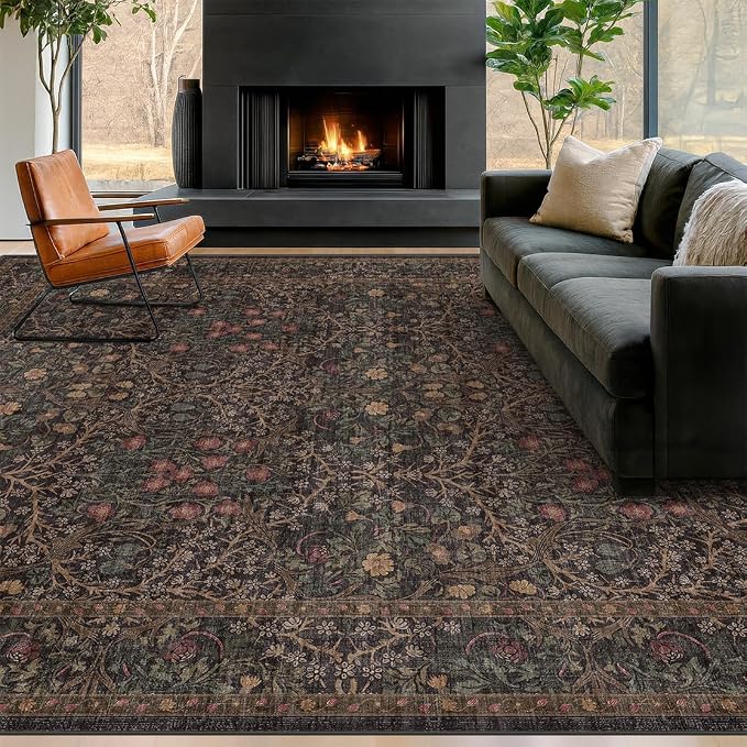 Vintage Dark Brown Living Room Rug, 7x10 Washable Area Rugs by HazoHaus
