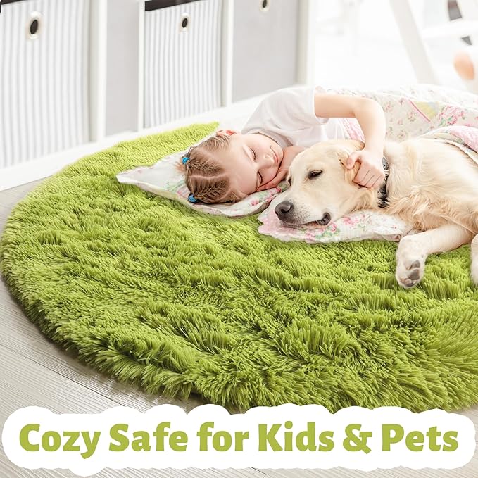 Grass Green Round Rugs 5Ft for Bedroom, Fluffy Shaggy Circle Area Rugs for Kids - Image 2
