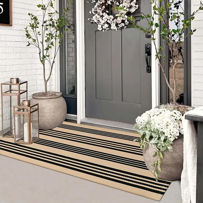 Striped Outdoor Front Door Mat 24"x51", Cotton Hand Woven Washable Black and by Sungea