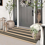 Striped Outdoor Front Door Mat 24"x51", Cotton Hand Woven Washable Black and by Sungea