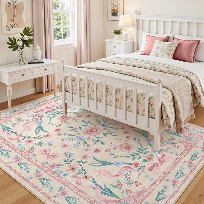 Pink Floral Bow Rug 8x10 for Living Room, Washable Non Slip Area Rug, Soft Boho - Image 3