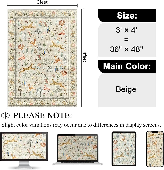 DUKINO 3x4 Washable Entryway Rug, Vintage Animal Ultra Soft Kitchen Area Rug - Image 2