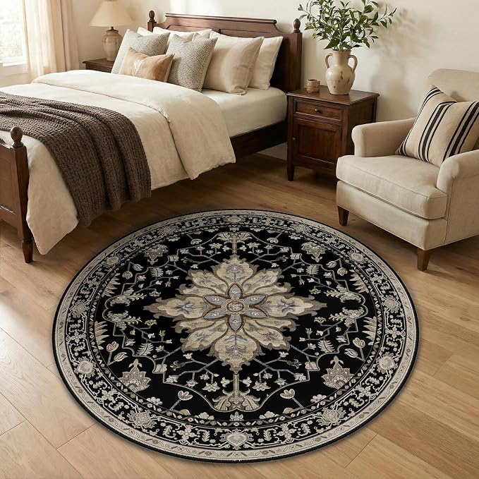 RELEANY Area Rugs Round 4ft Washable Non-Slip, Floral Vintage Distress by RELEANY
